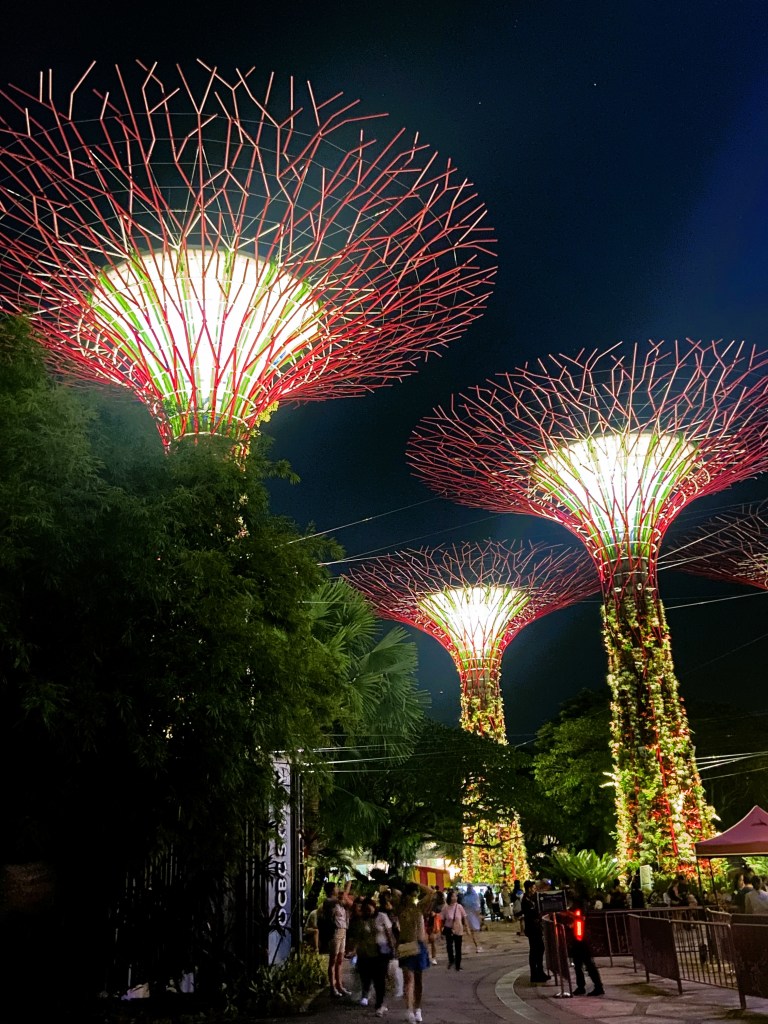 Image of brightly lit gardens by the bay at night in singapore