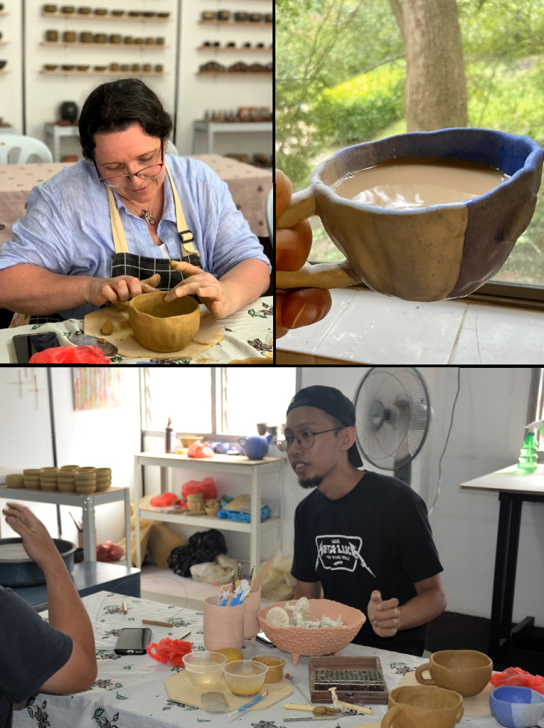 Triple image picture including three photos from a ceramics pottery workshop with the final image of a cup