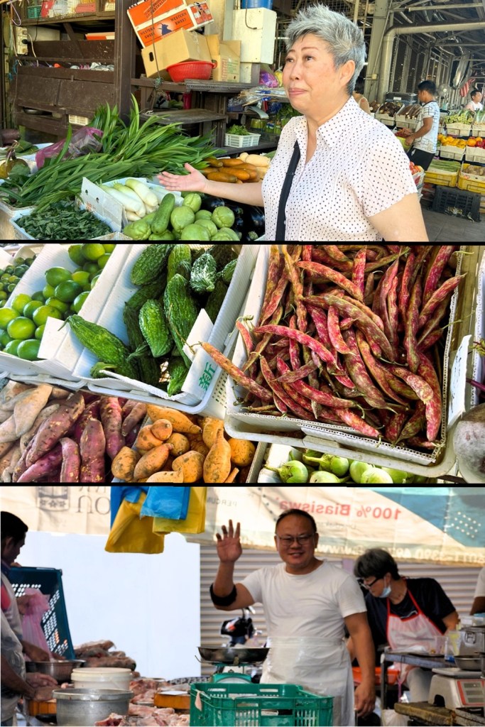 Triple image picture including three photos from a cooking class including a visit to the local wet markets
