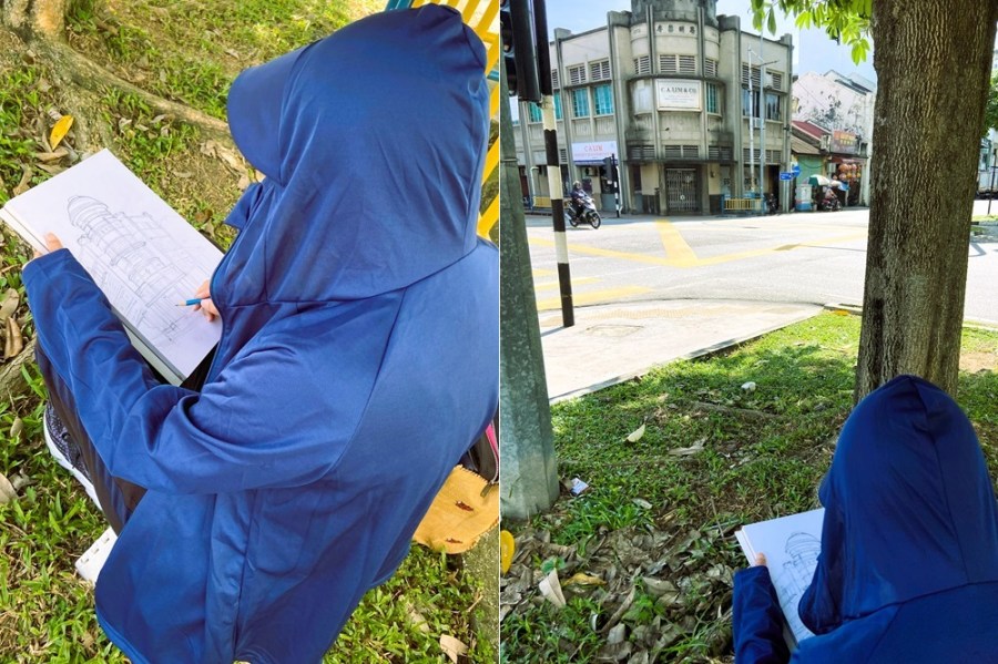 Double-sided image of a student sketching a colonial heritage building in George Town, Penang (Malaysia)