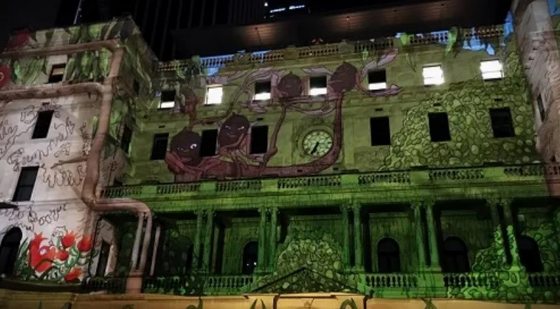 image of Customs House in Sydney, with images of May Gibbs' nutbabies during Vivid 2018