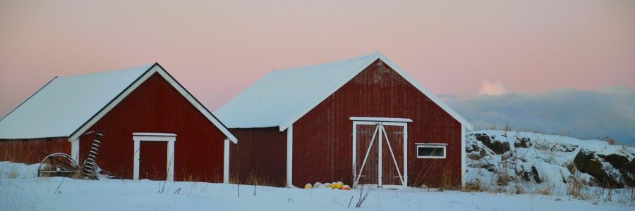 image of Norwegian barn storage houses painted red with white trim set against stark white snow and a soft light peach sunrise