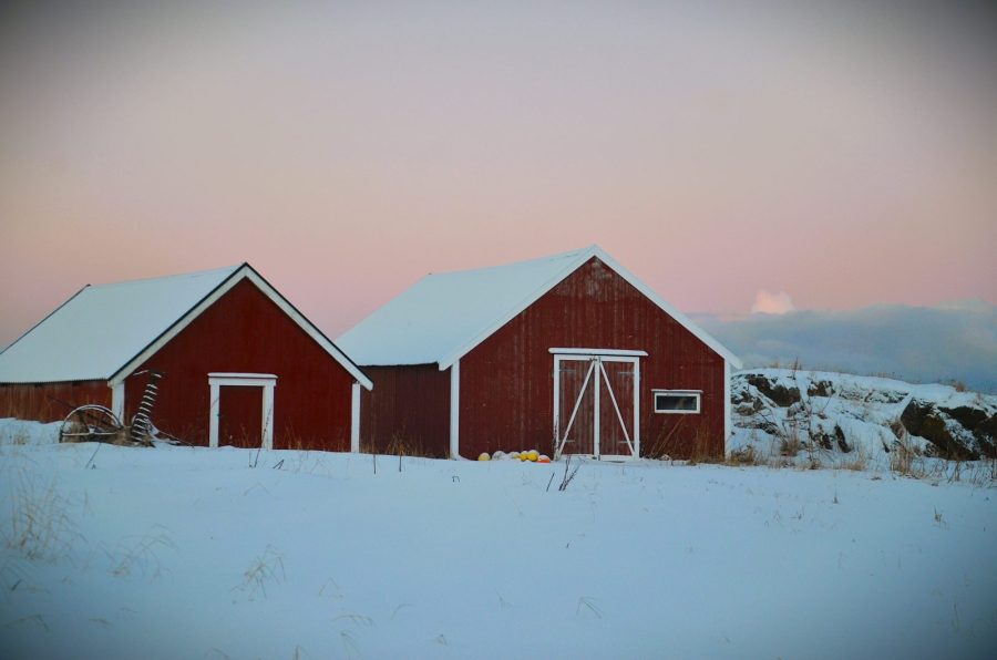 image of Norwegian barn storage houses painted red with white trim set against stark white snow and a soft light peach sunrise